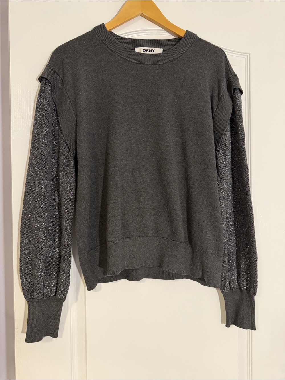 DKNY Charcoal Grey Metallic Shimmer Sleeve Crewneck Knit Sweater XL